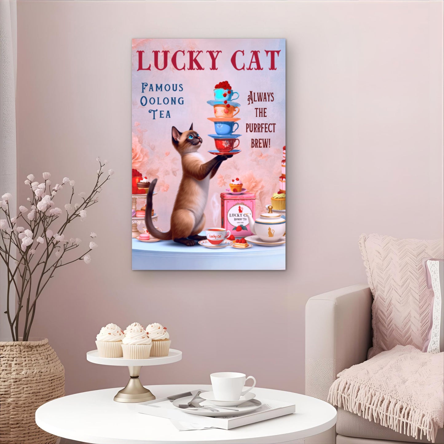 Siamese Lucky Cat Vintage Tea Art Print
