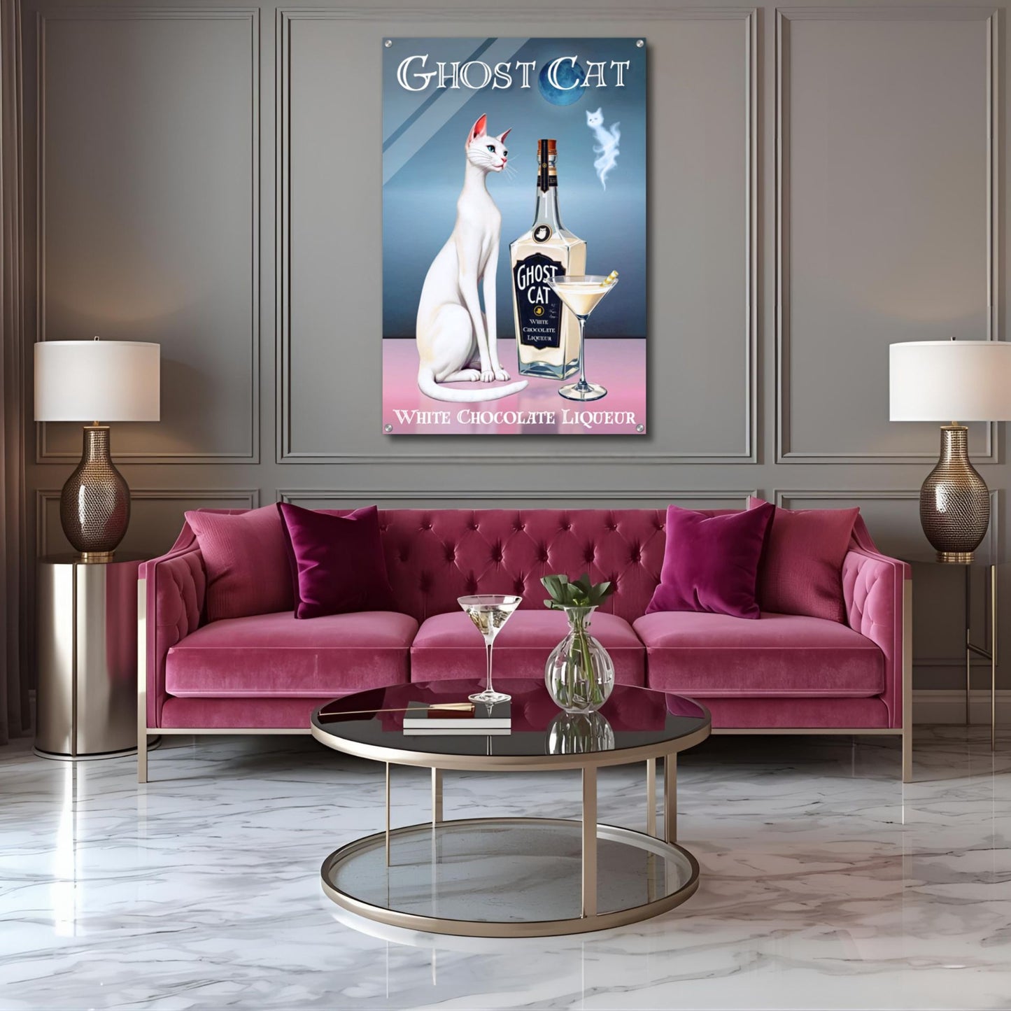 White Cat Martini Cocktail Bar Art Print 60x90 cm 24x36″ Classic Matte Paper Wooden Framed Poster Black Wood frame