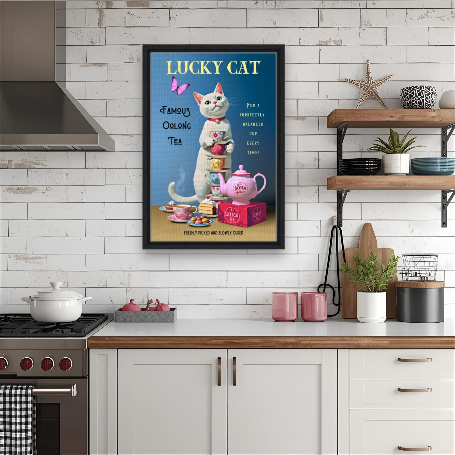 White Lucky Cat Tea Vintage Fine Art Print