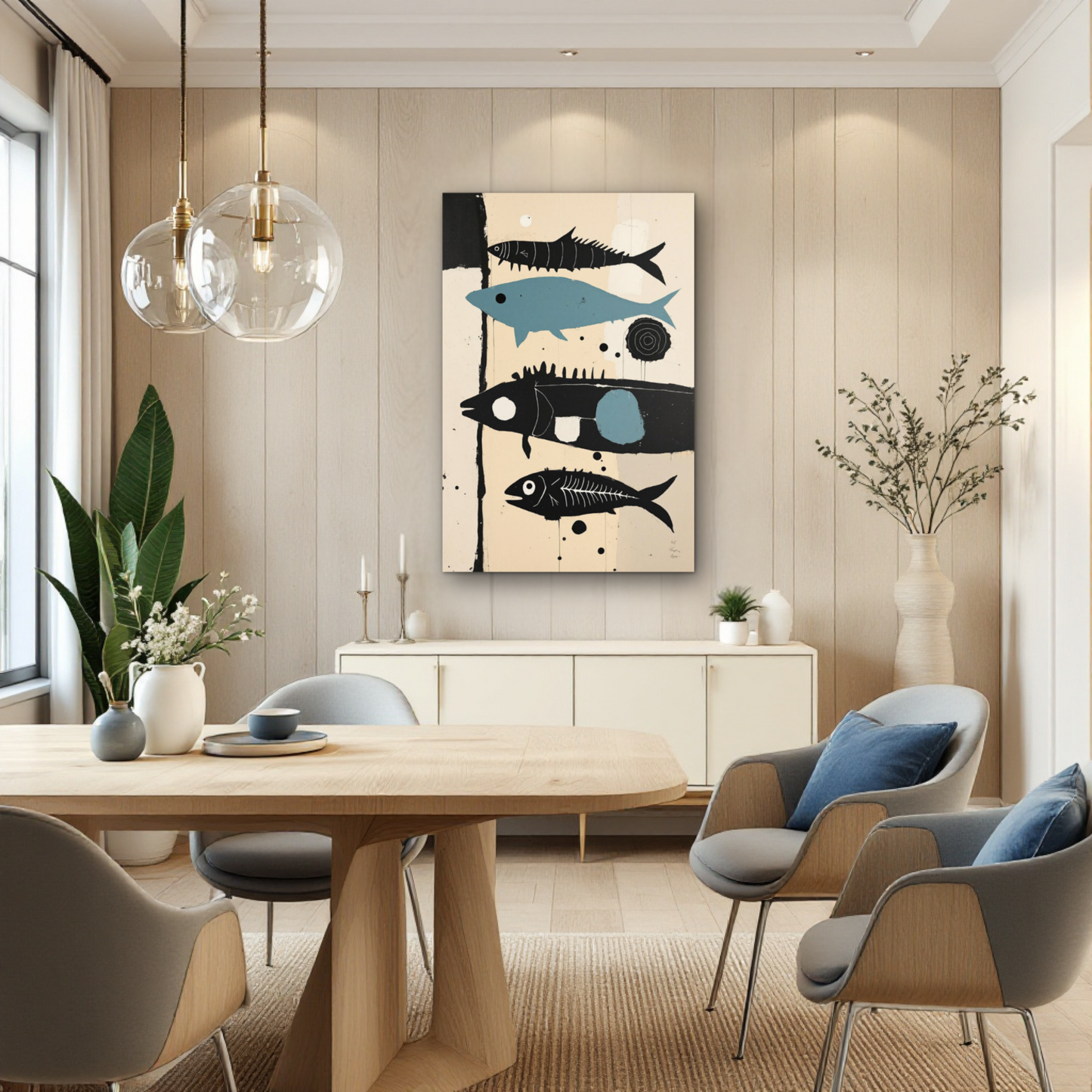 Mid-Century Modern Fish Art Poster Print – Framed Abstract Neutral Wall Decor