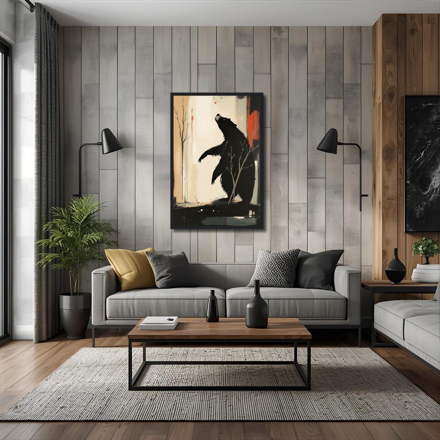 Abstract Bear Wildlife Art Print 20x30 cm 8x12″ Framed Canvas Light Wood Frame