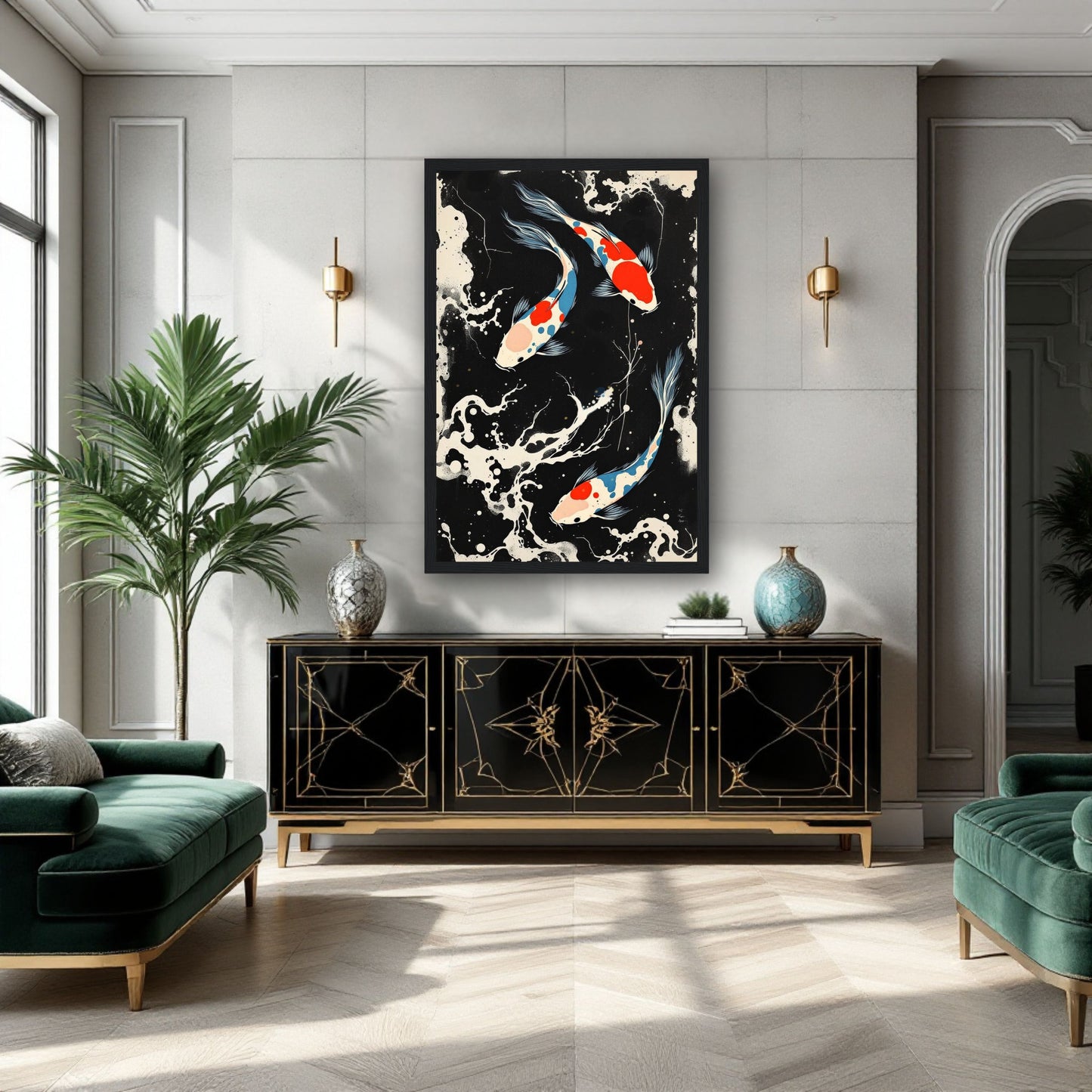 Mid-Century Modern Koi Fish Art Poster Print – Framed Abstract Black White Wall Décor