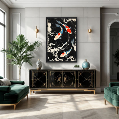 Mid-Century Modern Koi Fish Art Poster Print – Framed Abstract Black White Wall Décor