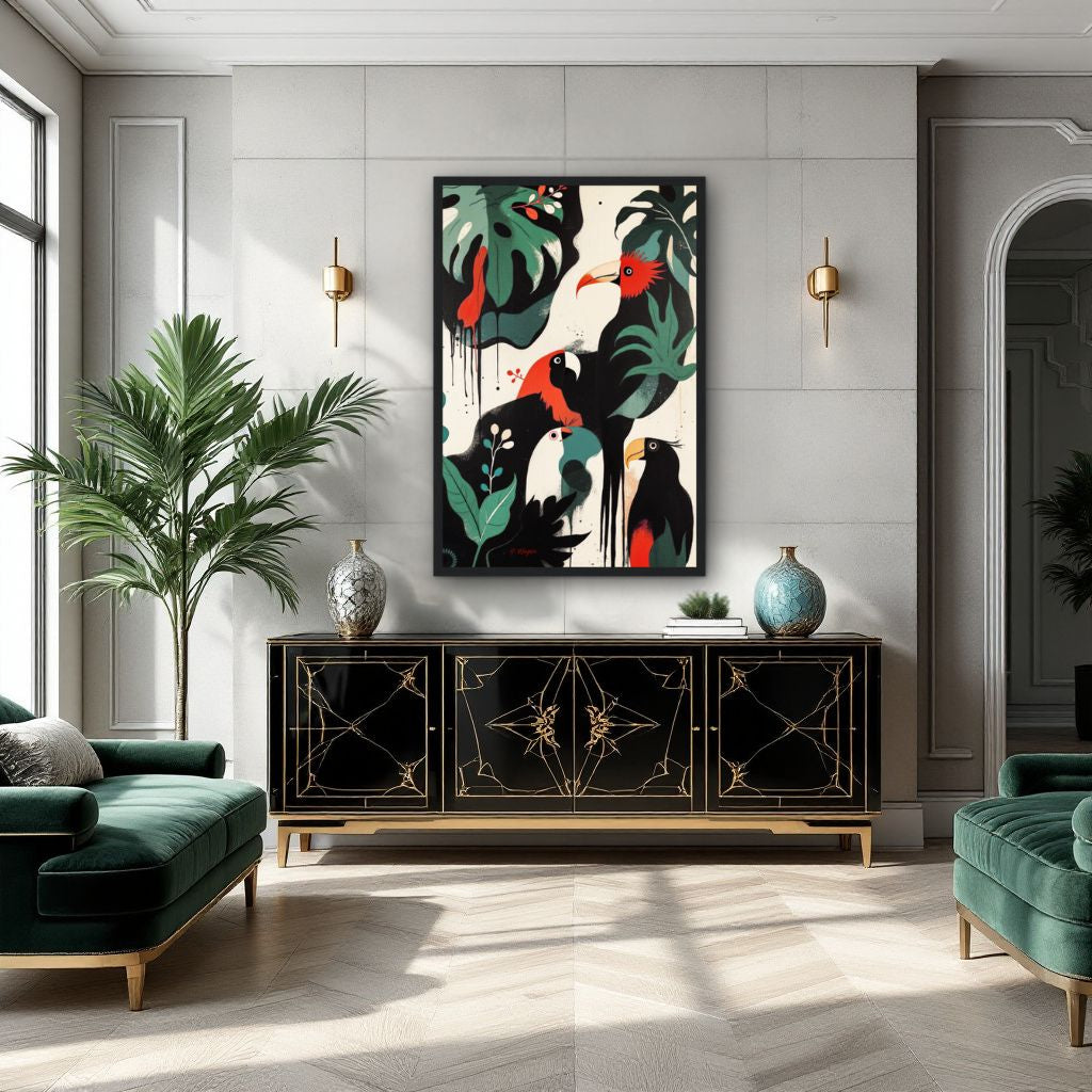 Mid-Century Modern Exotic Bird Art Poster Print - Framed Tropical Parrot Wall Décor