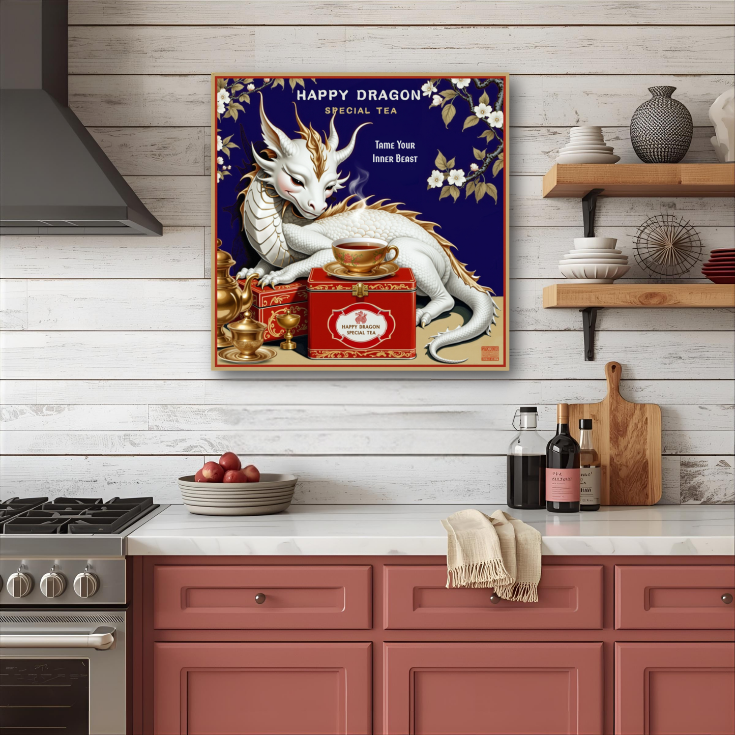 Happy Dragon Tea Art Print 50x50 cm 20x20″ Premium Matte Paper Wooden Framed Poster Black Wood Frame