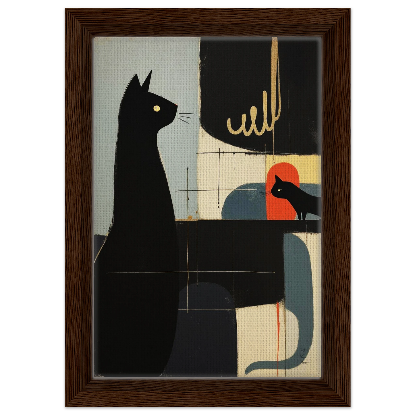 Abstract Cat & Kitten Modern Art Print Dark Brown Wood Frame 20x30 cm 8x12″ Framed Canvas