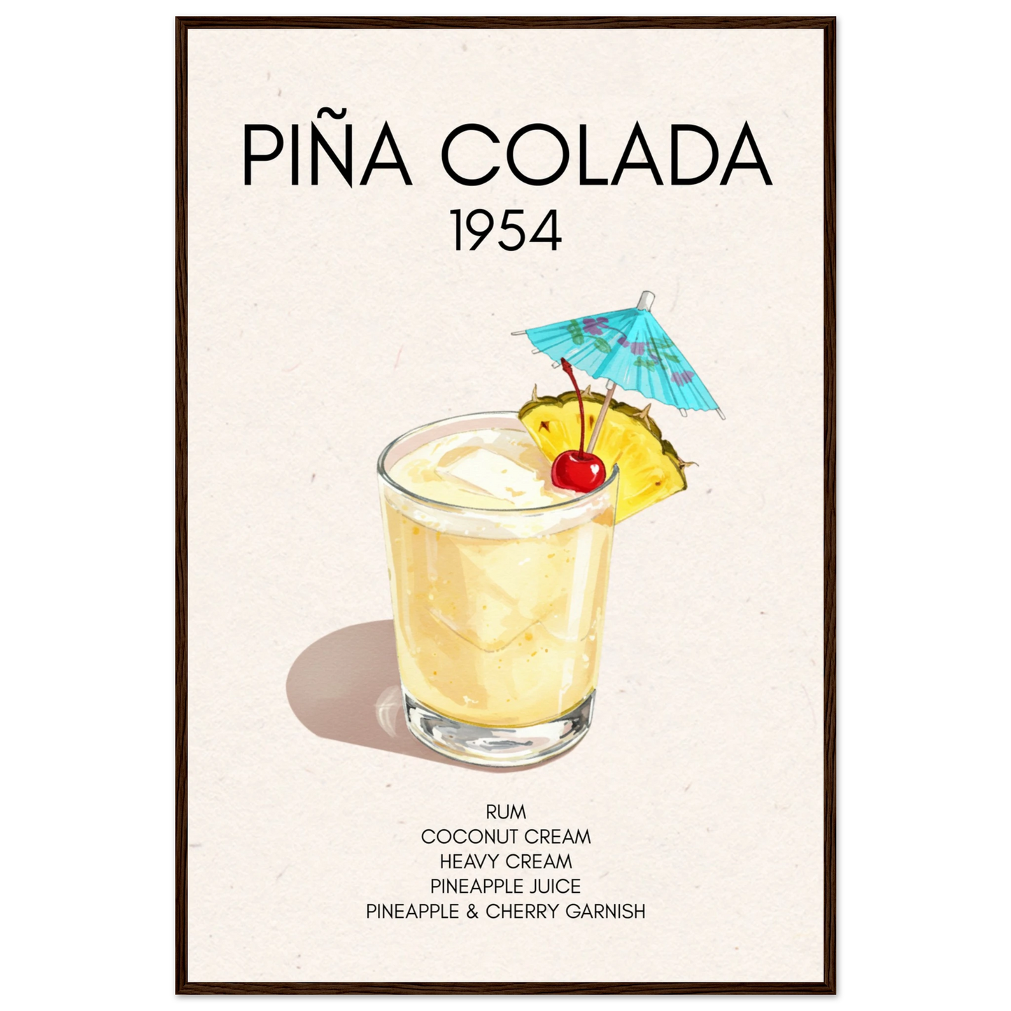 Pina Colada Cocktail Bar Poster Print Dark Brown Wood Frame 60x90 cm 24x36″ Classic Matte Paper Wooden Framed Poster