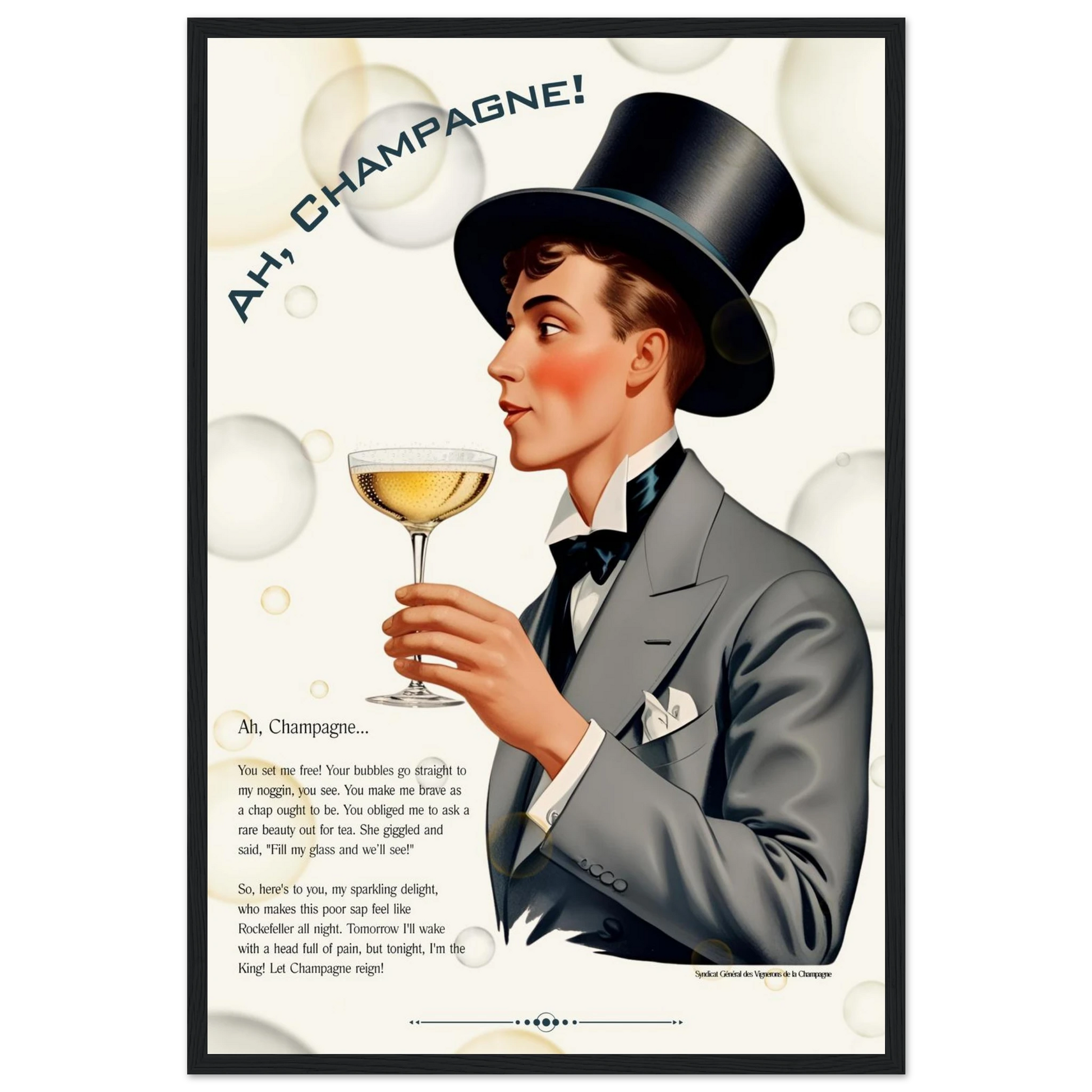 Art Deco Champagne Funny Poem Art Print 40x60 cm 16x24″ Premium Matte Paper Wooden Framed Poster Black frame