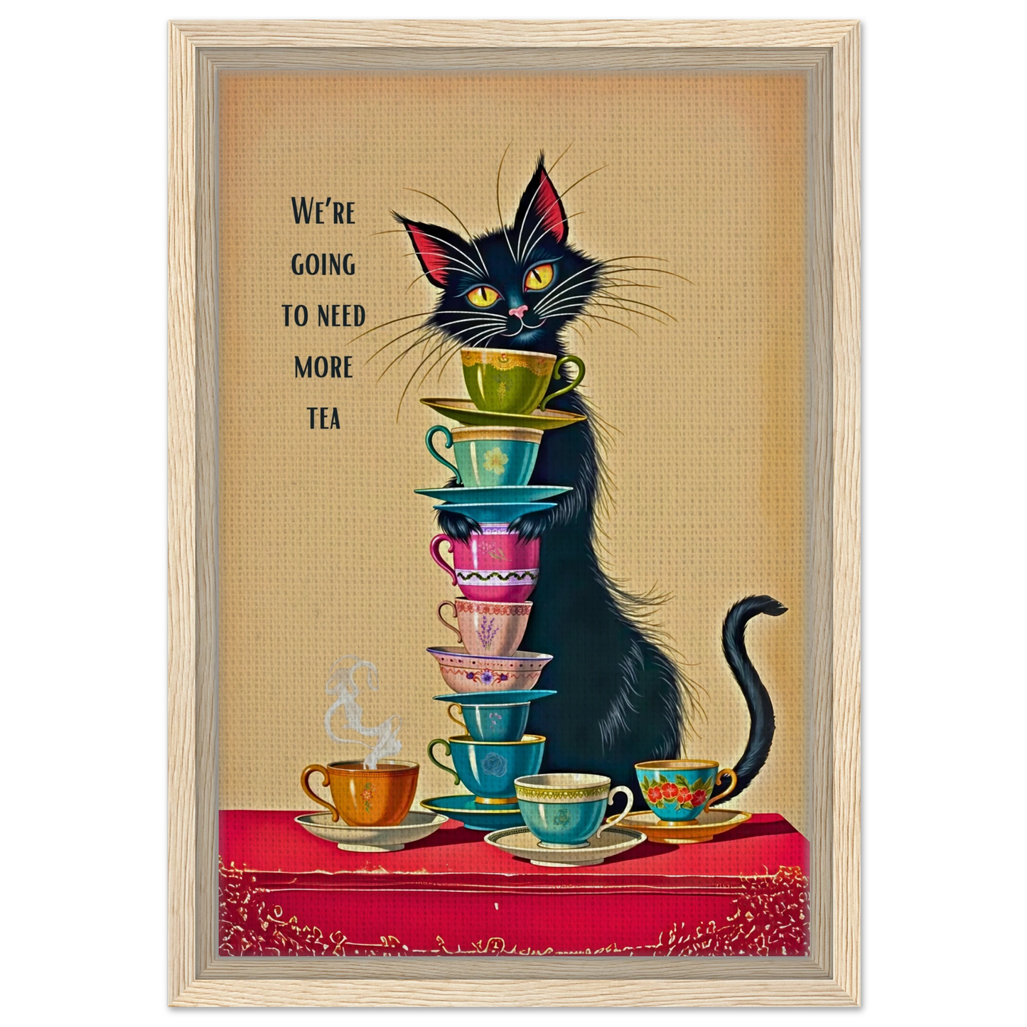 Quirky Cat Funny Tea Art Print 30x45 cm 12x18″ Framed Canvas Light Wood Frame