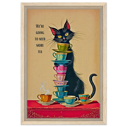 Quirky Cat Funny Tea Art Print 30x45 cm 12x18″ Framed Canvas Light Wood Frame