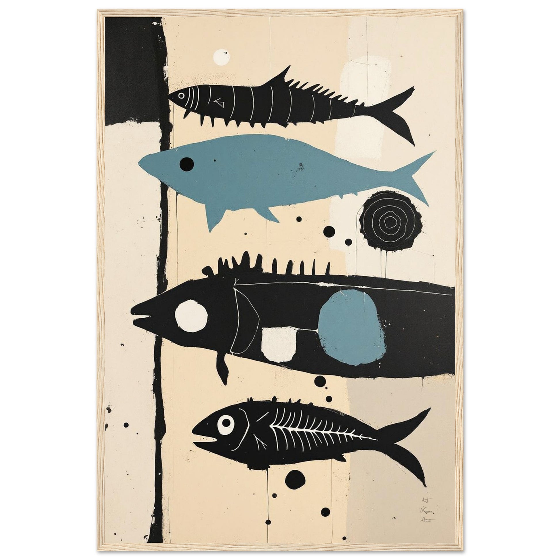 Mid-Century Modern Fish Art Poster Print – Framed Abstract Neutral Wall Decor Black Wood Frame 40x60 cm 16x24″ Framed Canvas