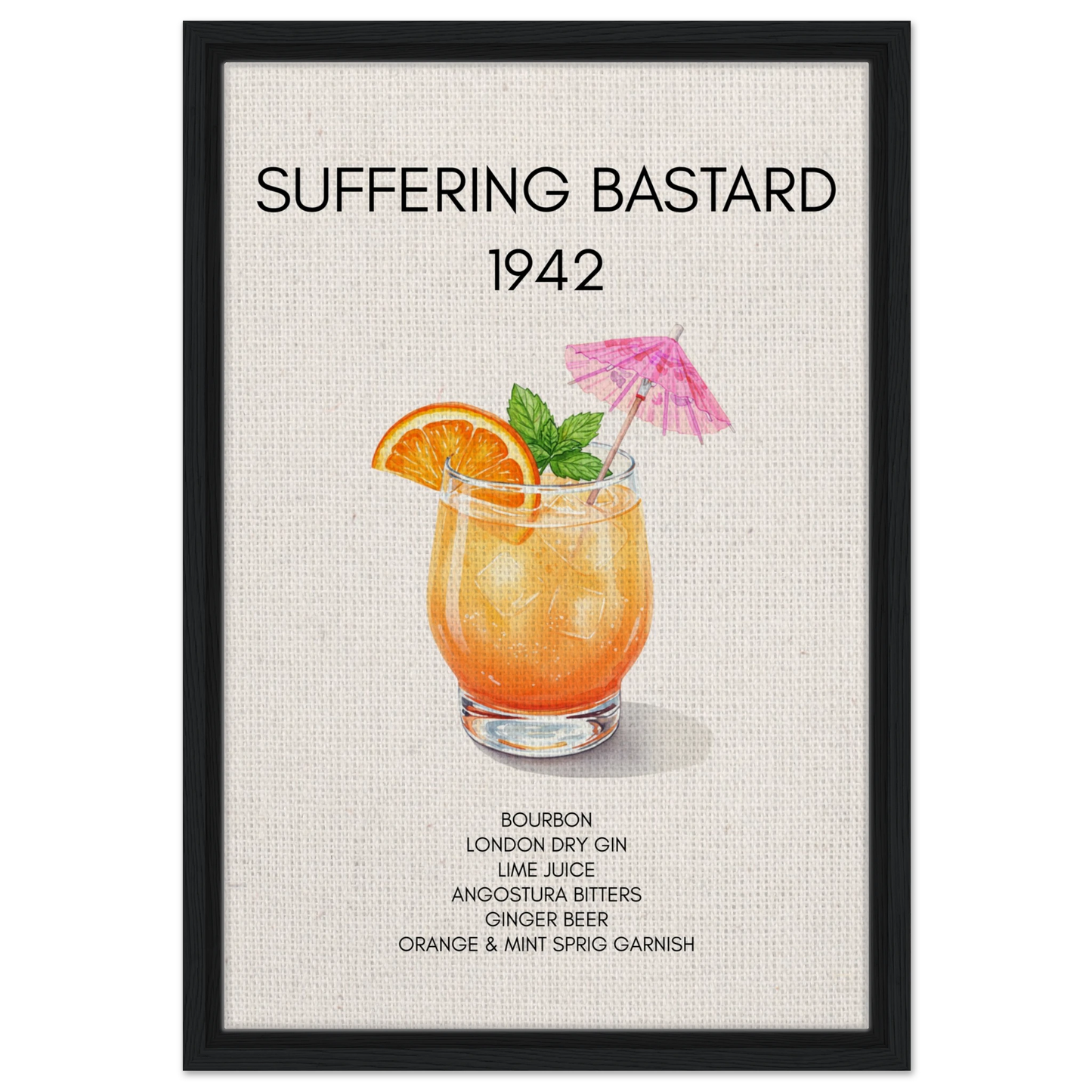 Suffering Bastard Tiki Cocktail Bar Poster Print Black Wood Frame 40x60 cm 16x24″ Framed Canvas