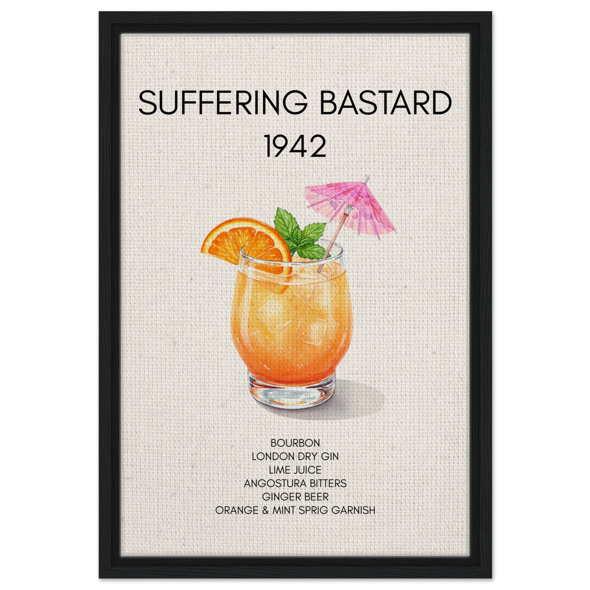 Suffering Bastard Tiki Cocktail Bar Poster Print Black Wood Frame 40x60 cm 16x24″ Framed Canvas