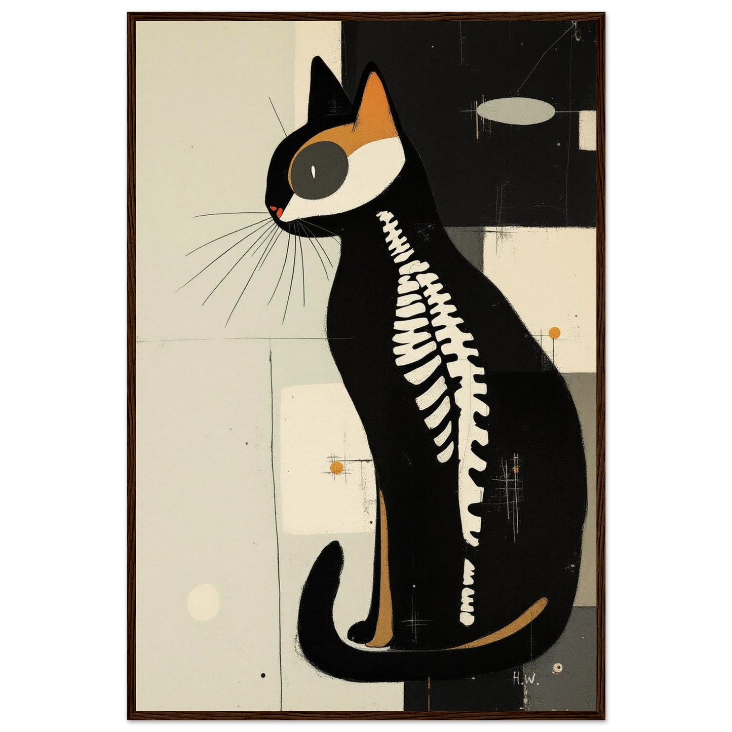 Modern Cat Skeleton Abstract Art Poster Print Dark Brown Wood Frame 60x90 cm 24x36″ Museum-Quality Matte Paper Wooden Framed Poster