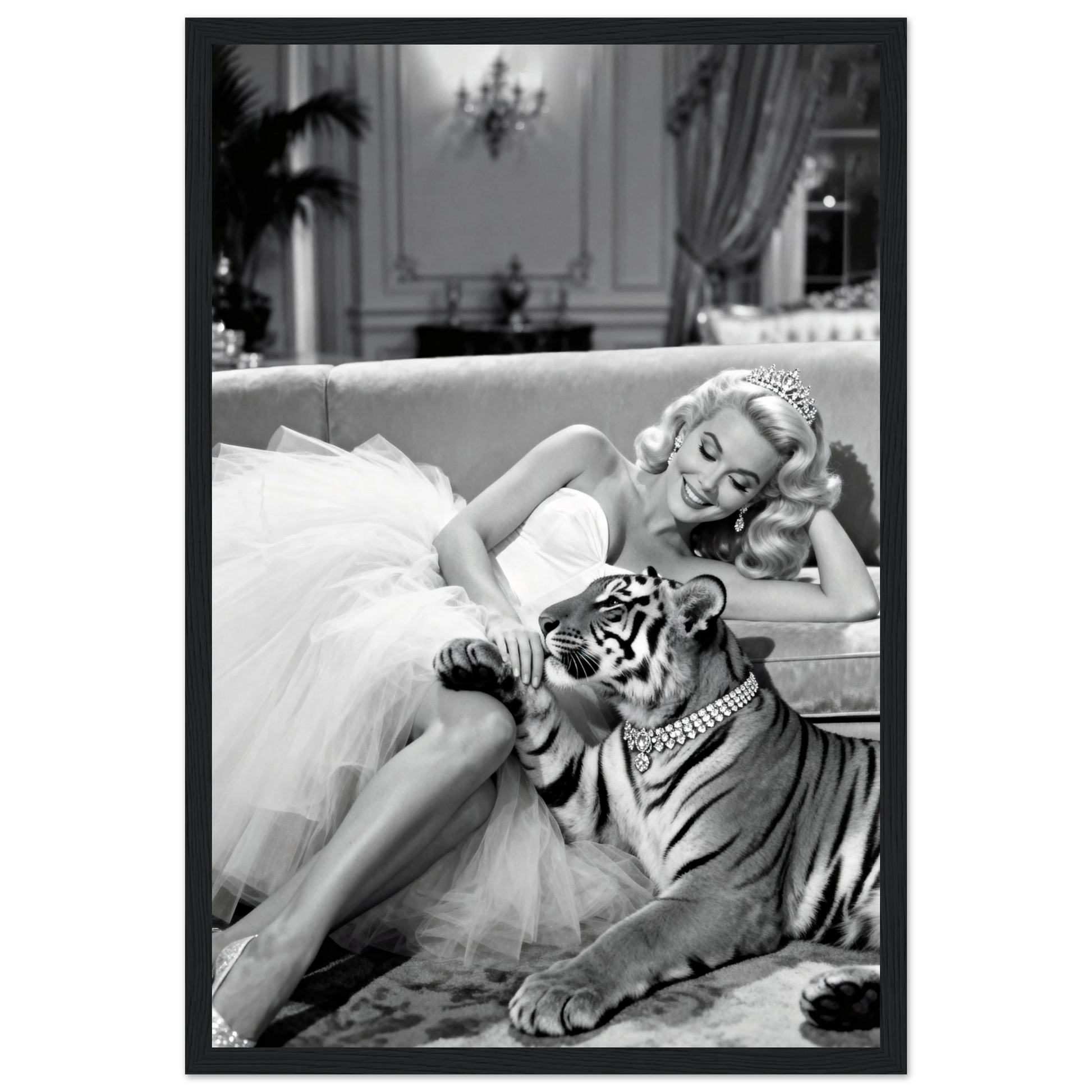 Vintage Hollywood Starlet Tiger Art Print 30x45 cm 12x18″ Premium Matte Framed Poster - Black Wood