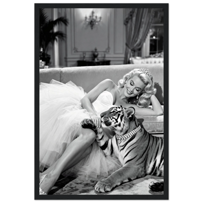 Vintage Hollywood Starlet Tiger Art Print 30x45 cm 12x18″ Premium Matte Framed Poster - Black Wood