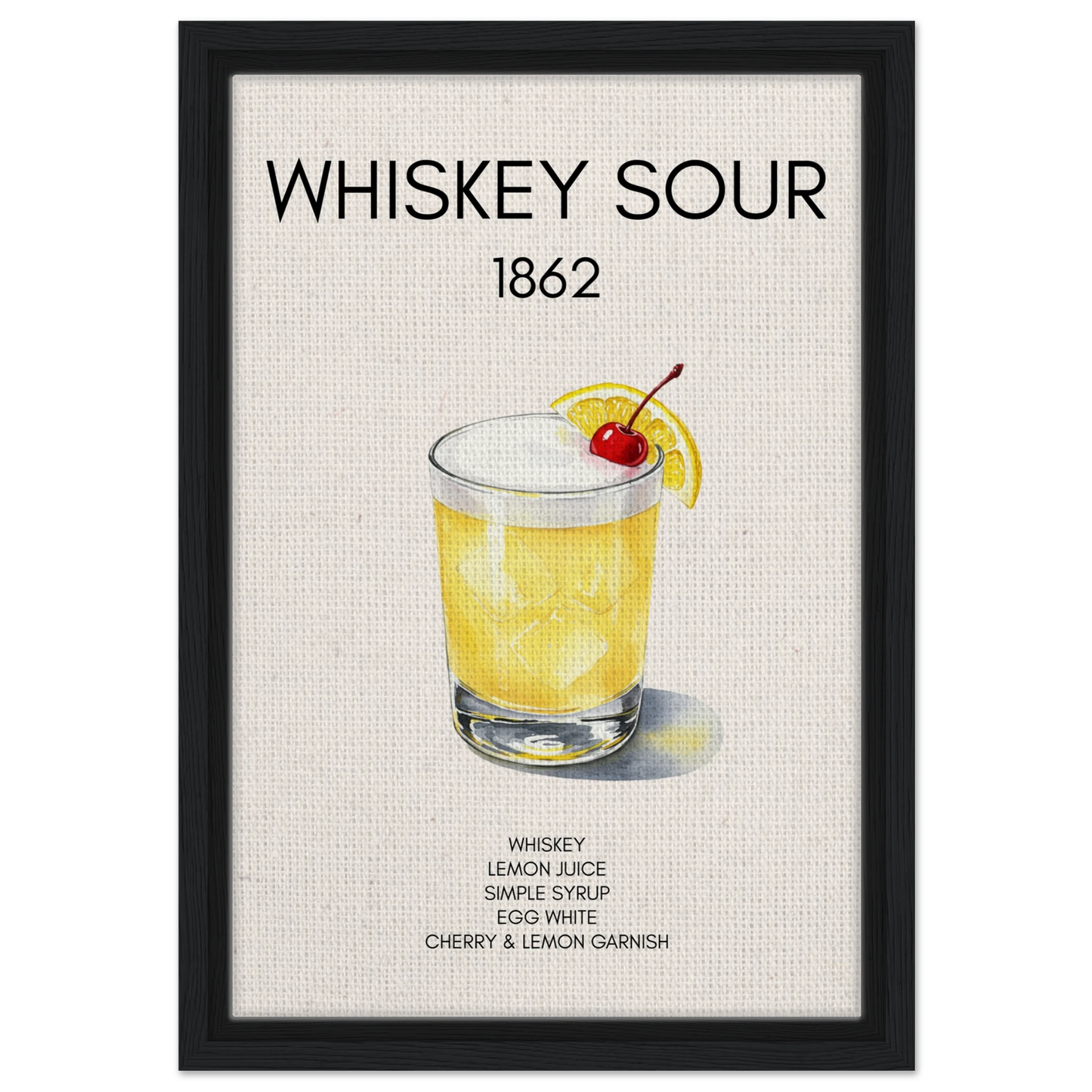 Whiskey Sour Cocktail Bar Poster Print Black Wood Frame 30x45 cm 12x18″ Framed Canvas