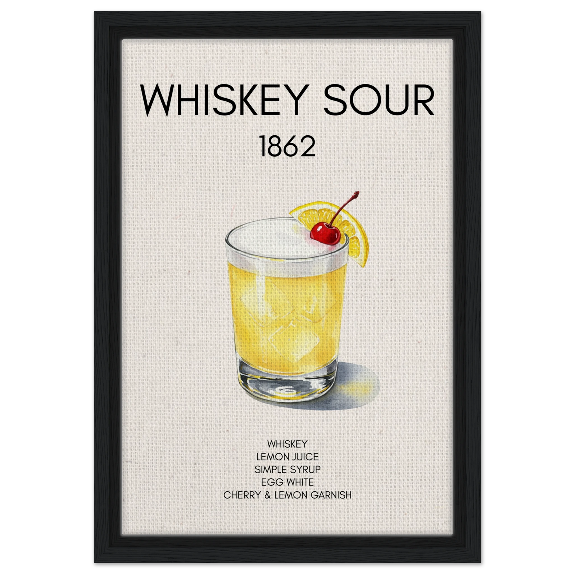 Whiskey Sour Cocktail Bar Art Print Black Wood Frame 30x45 cm 12x18″ Framed Canvas