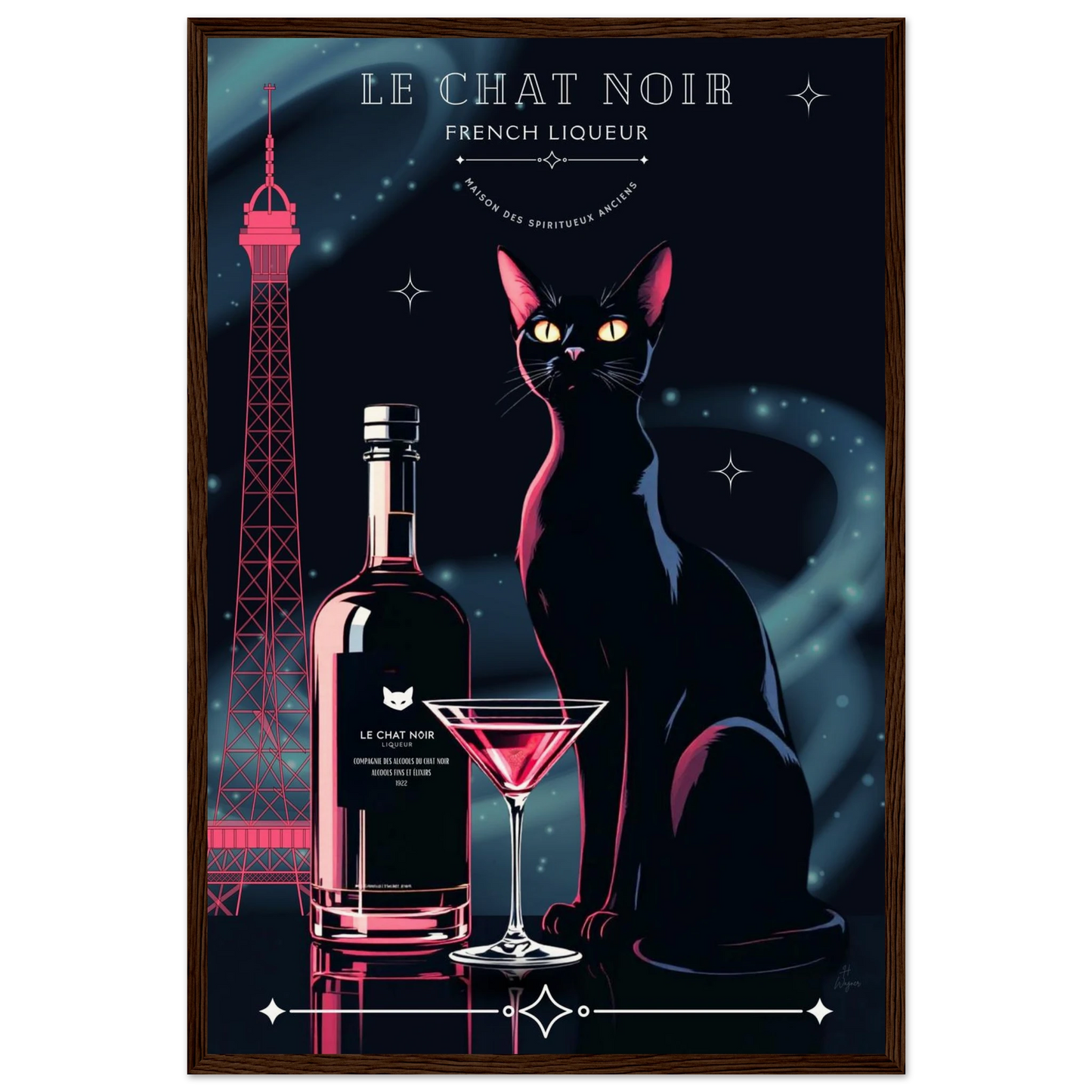 Art Deco Le Chat Noir French Black Cat Art Print 40x60 cm 16x24″ Museum-Quality Matte Paper Wooden Framed Poster Dark wood frame