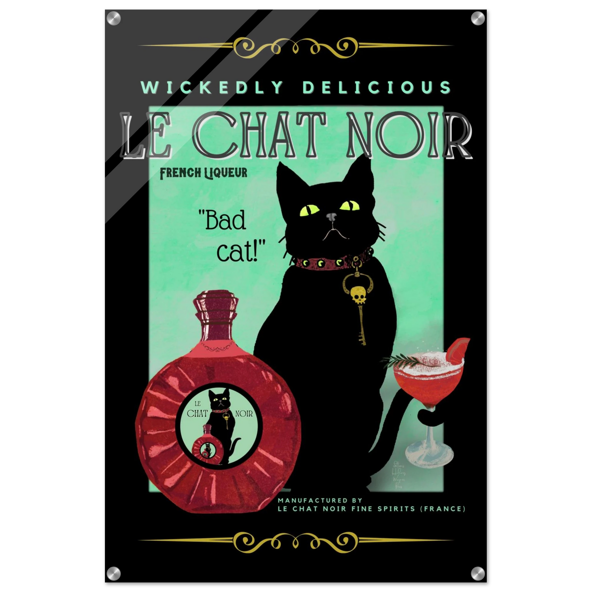 Black Cat Cocktail French Art Deco Print 60x90 cm 24x36″ Sleek Acrylic Print No Frame