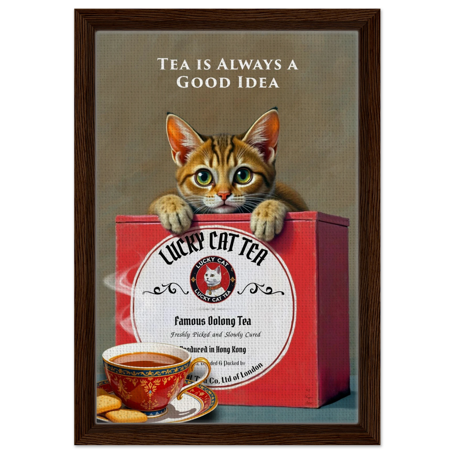 Lucky Cat Tea Vintage Kitchen Art Print Dark Brown Wood Frame 30x45 cm 12x18″ Framed Canvas