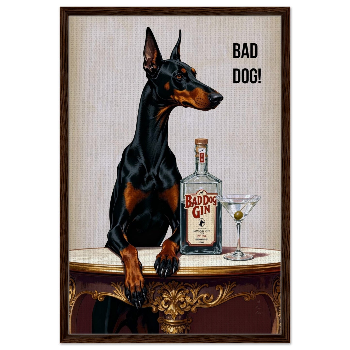 Bad Dog Gin Cocktail Bar Art Print 60x90 cm 24x36″ Framed Canvas Dark Brown Wood Frame