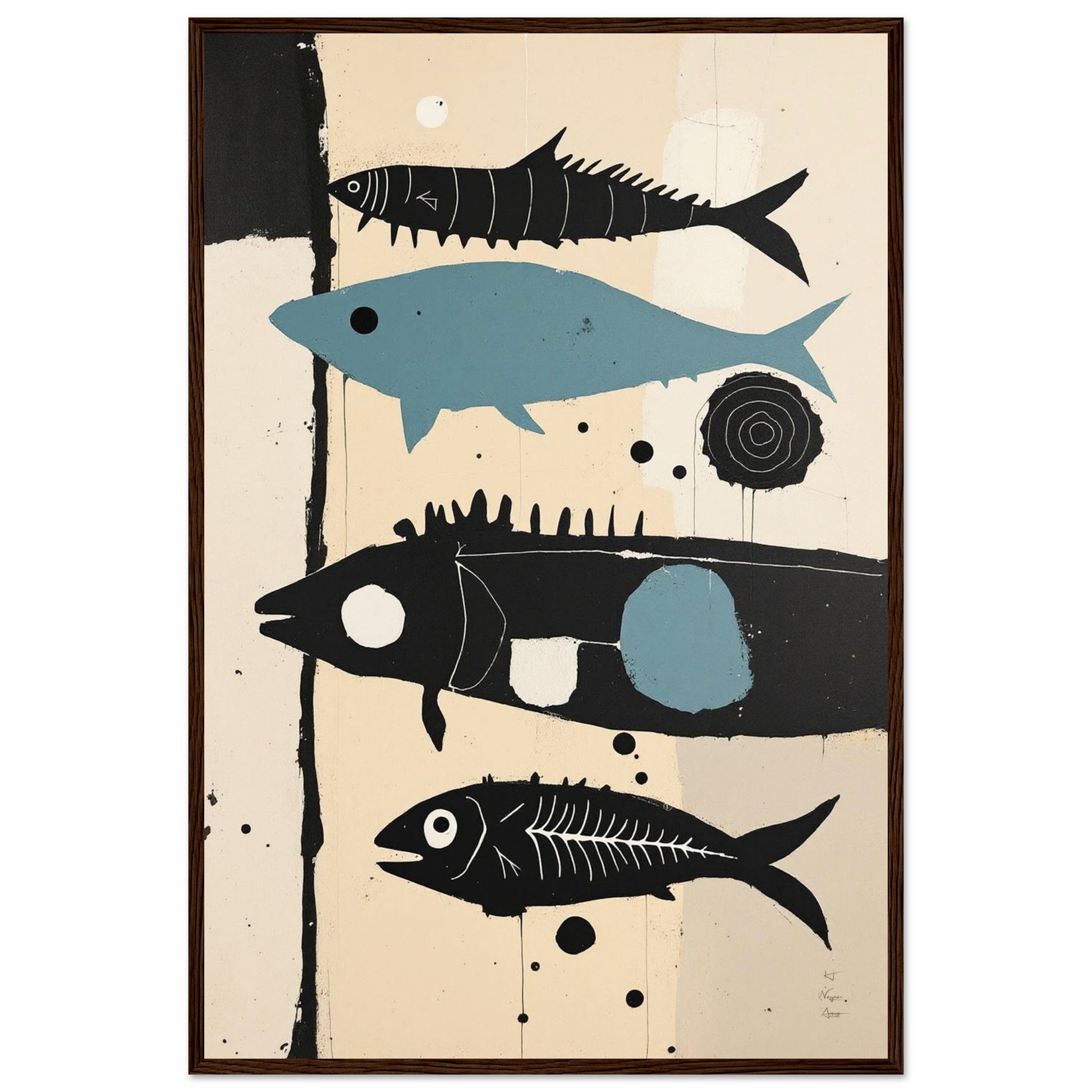 Mid-Century Modern Fish Art Poster Print – Framed Abstract Neutral Wall Decor Black Wood Frame 40x60 cm 16x24″ Framed Canvas