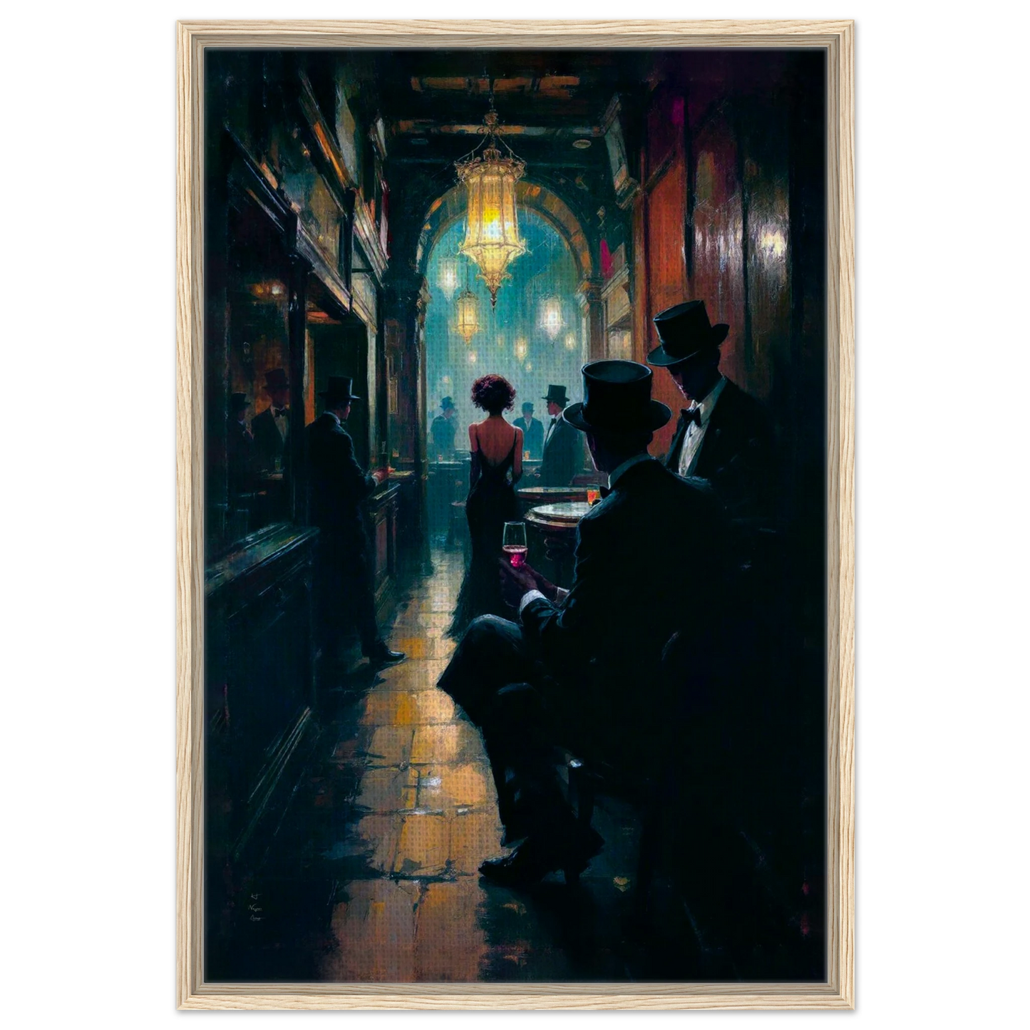 Prohibition Speakeasy Art Deco Print Light Wood Frame 60x90 cm 24x36″ Framed Canvas