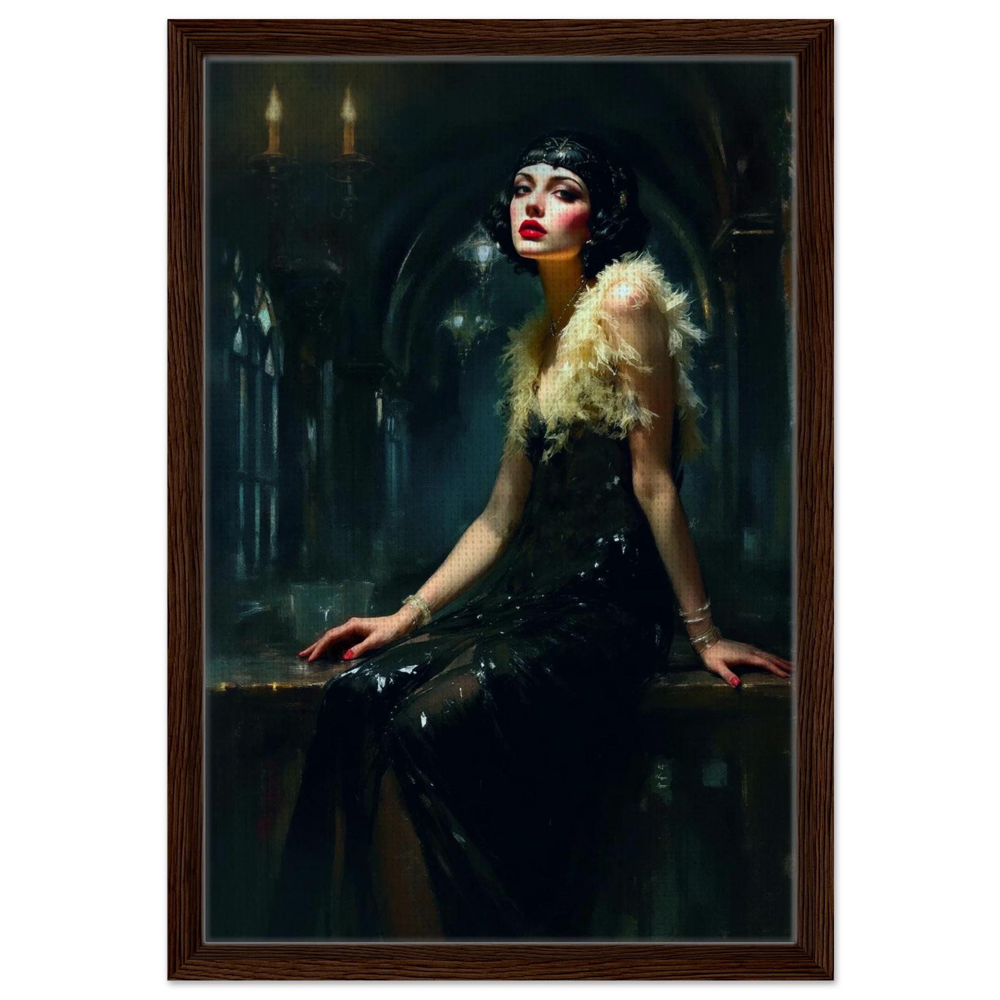 Speakeasy 1920s Elegant Flapper Art Print 40x60 cm 16x24″ Framed Canvas Dark Brown Wood Frame