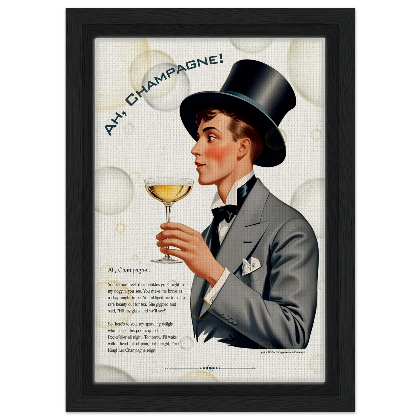 Art Deco Champagne Funny Poem Art Print 20x30 cm 8x12″ Framed Canvas Black Wood Frame