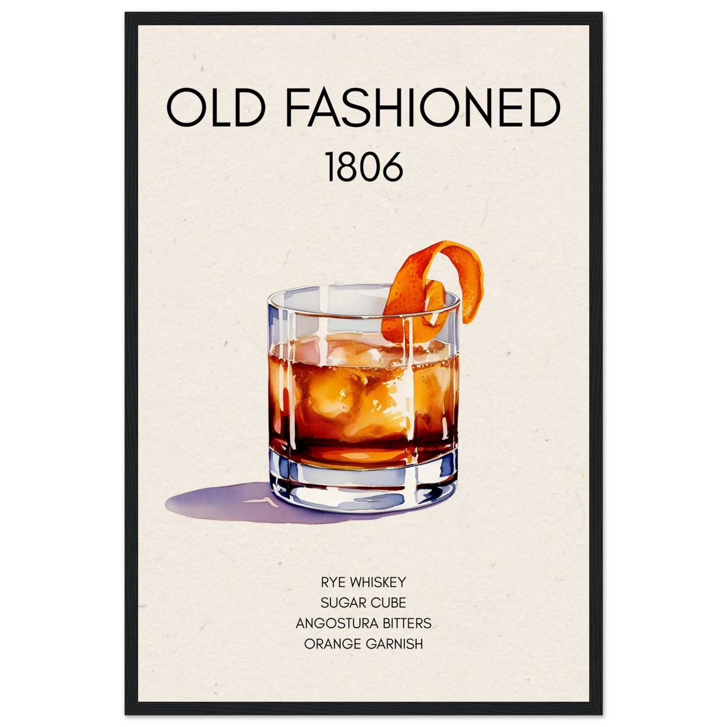 Classic Old Fashioned Cocktail Bar Poster Print Black Wood Frame 40x60 cm 16x24″ Museum-Quality Matte Paper Wooden Framed Poster