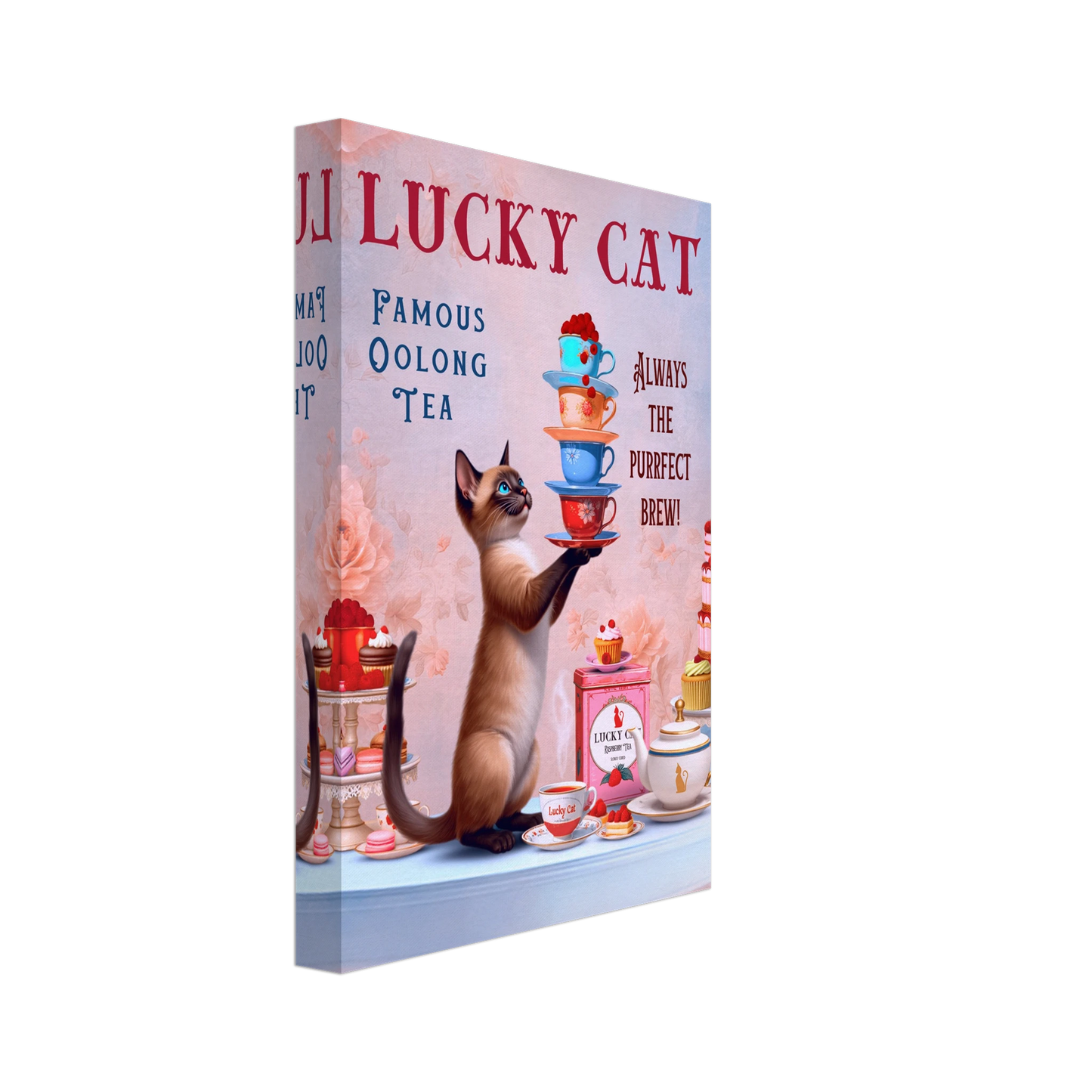 Siamese Lucky Cat Vintage Tea Art Print 20x30 cm 8x12″ Gallery Wrapped Canvas No Frame