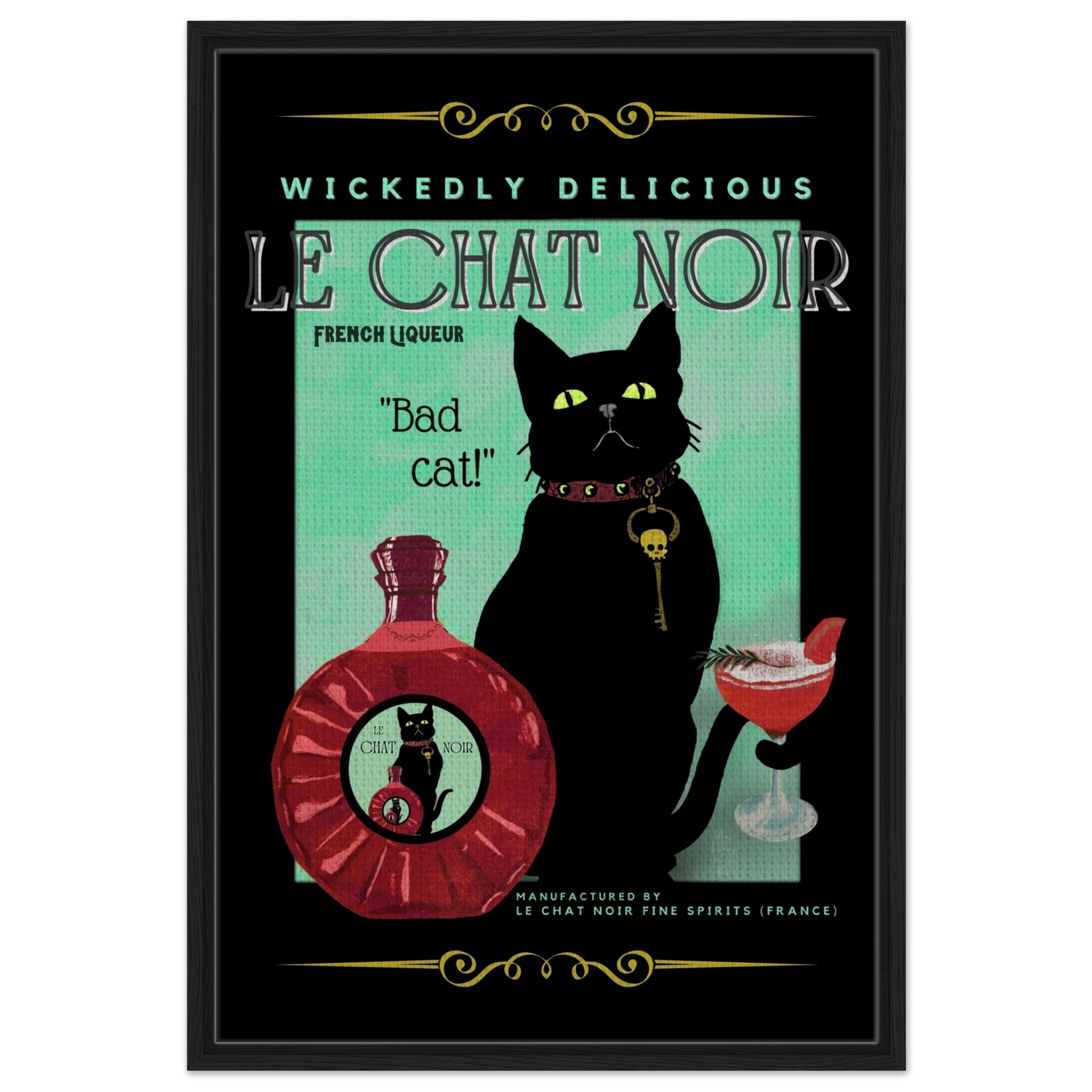 Black Cat Cocktail French Art Deco Print 60x90 cm 24x36″ Framed Canvas Black Wood frame