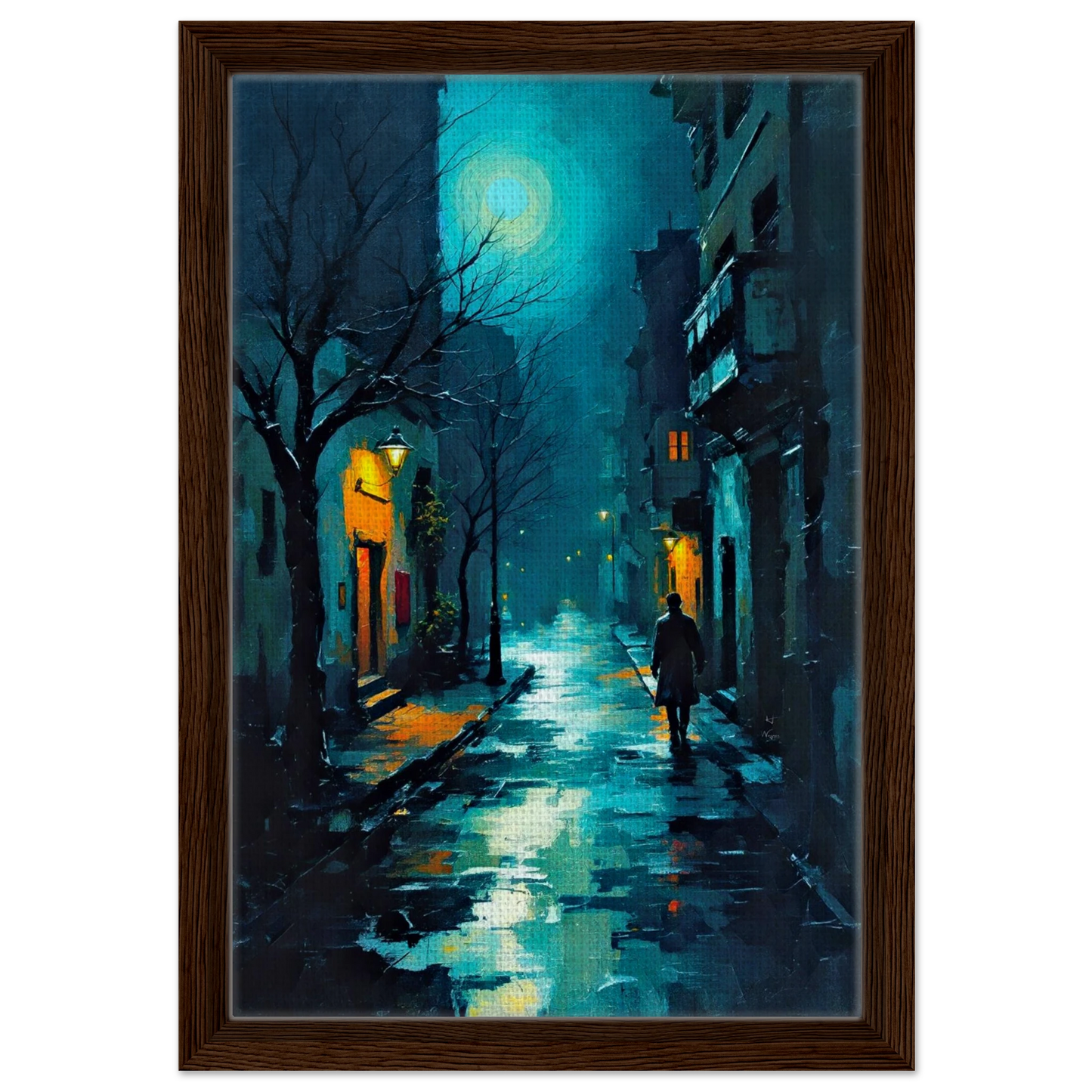 Blue Moon Night Street Scene Art Print 30x45 cm 12x18″ Framed Canvas Dark Brown Wood Frame