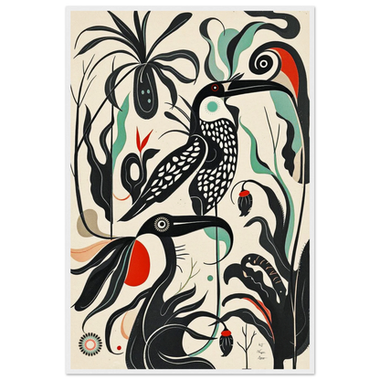 Mid-Century Modern Tropical Bird Art Print White Wood Frame 60x90 cm 24x36″ Museum-Quality Matte Wooden Framed Poster