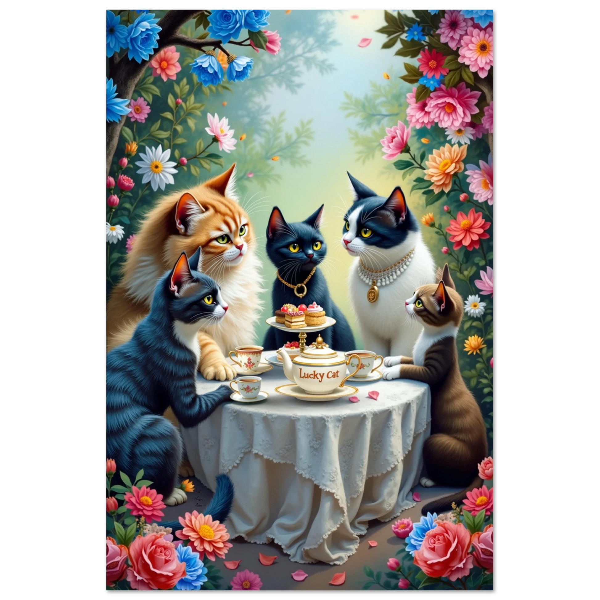 Lucky Cat Tea Party Botanical Art Print 40x60 cm 16x24″ Premium Matte Paper Poster No Frame