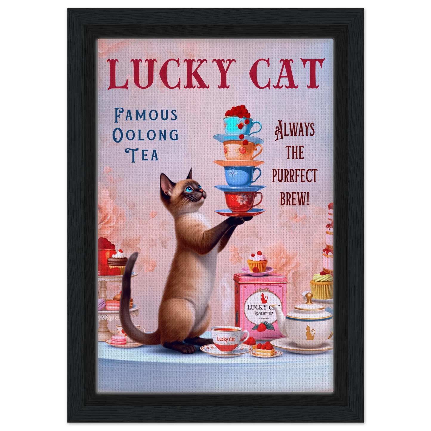Siamese Lucky Cat Vintage Tea Art Print 20x30 cm 8x12″ Framed Canvas Black Wood Frame