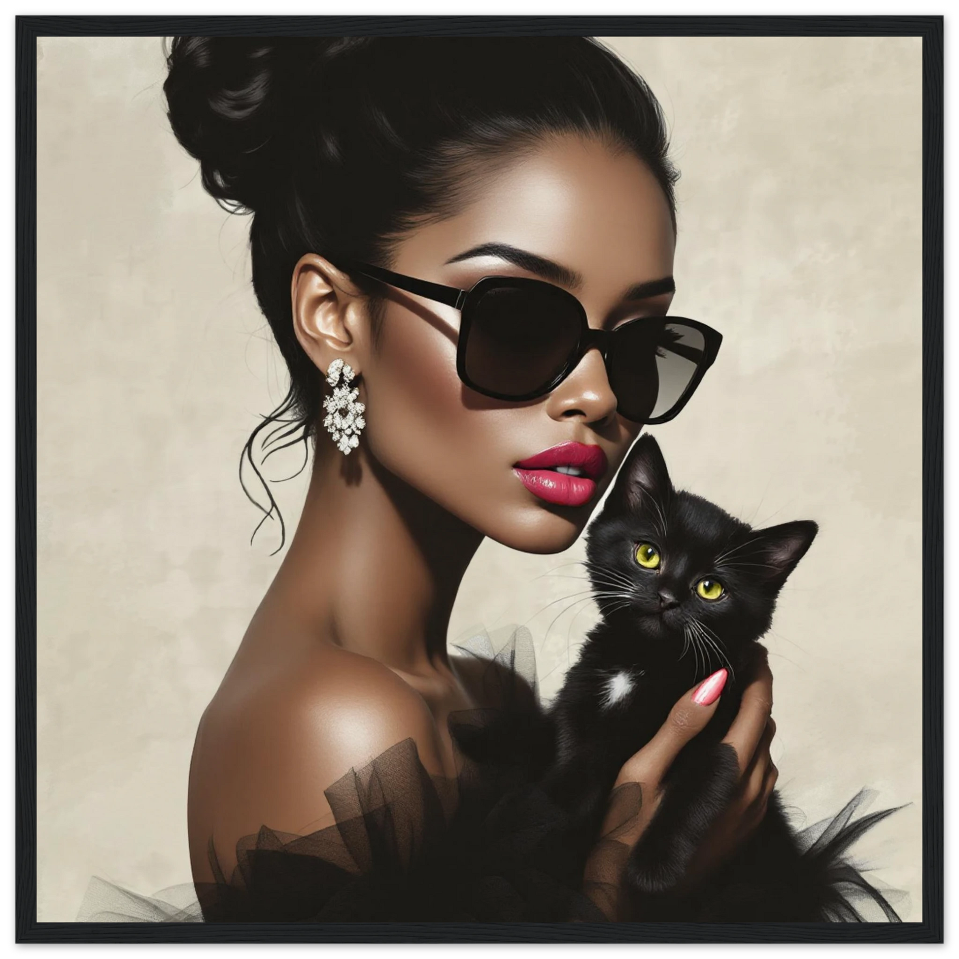 Retro Glam Fashion Model Kitten Art Print Museum-Quality Matte Paper Wooden Framed Poster 50x50 cm 20x20″