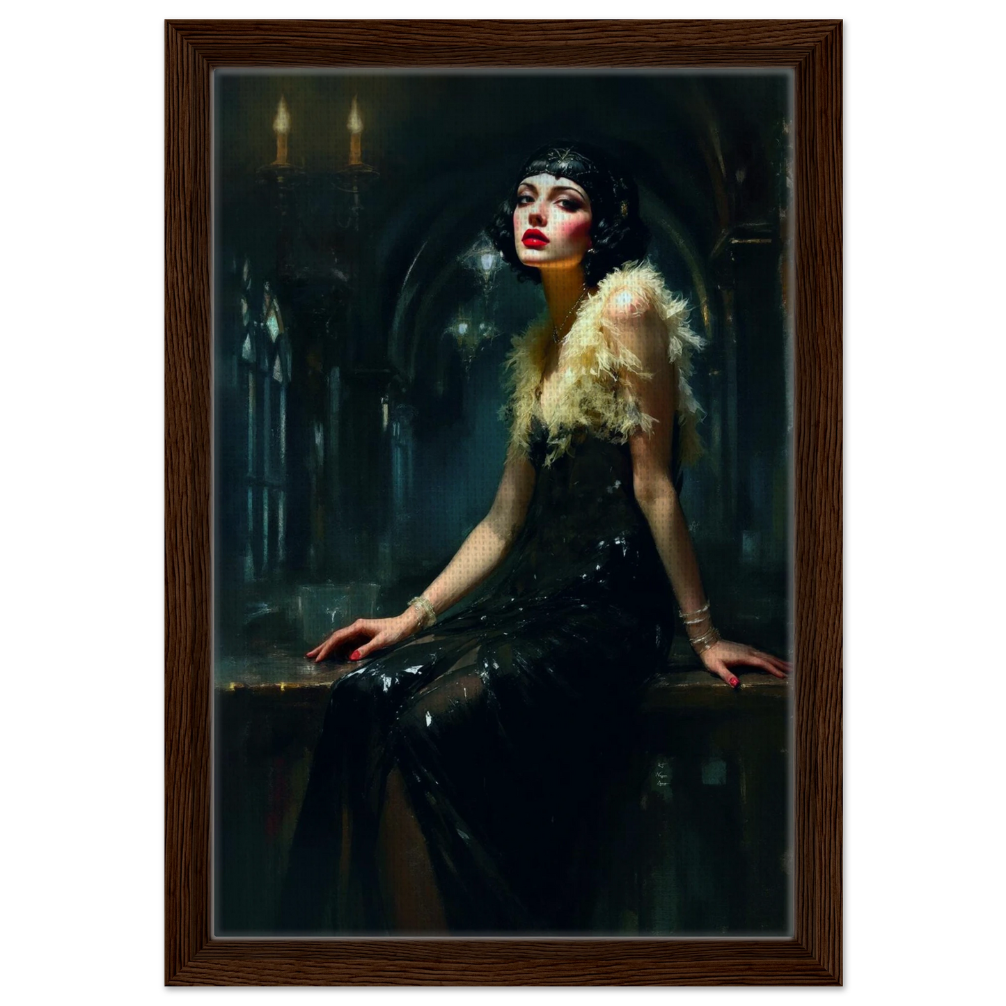 Speakeasy 1920s Flapper Art Print 30x45 cm 12x18″ Framed Canvas Dark Brown Wood Frame