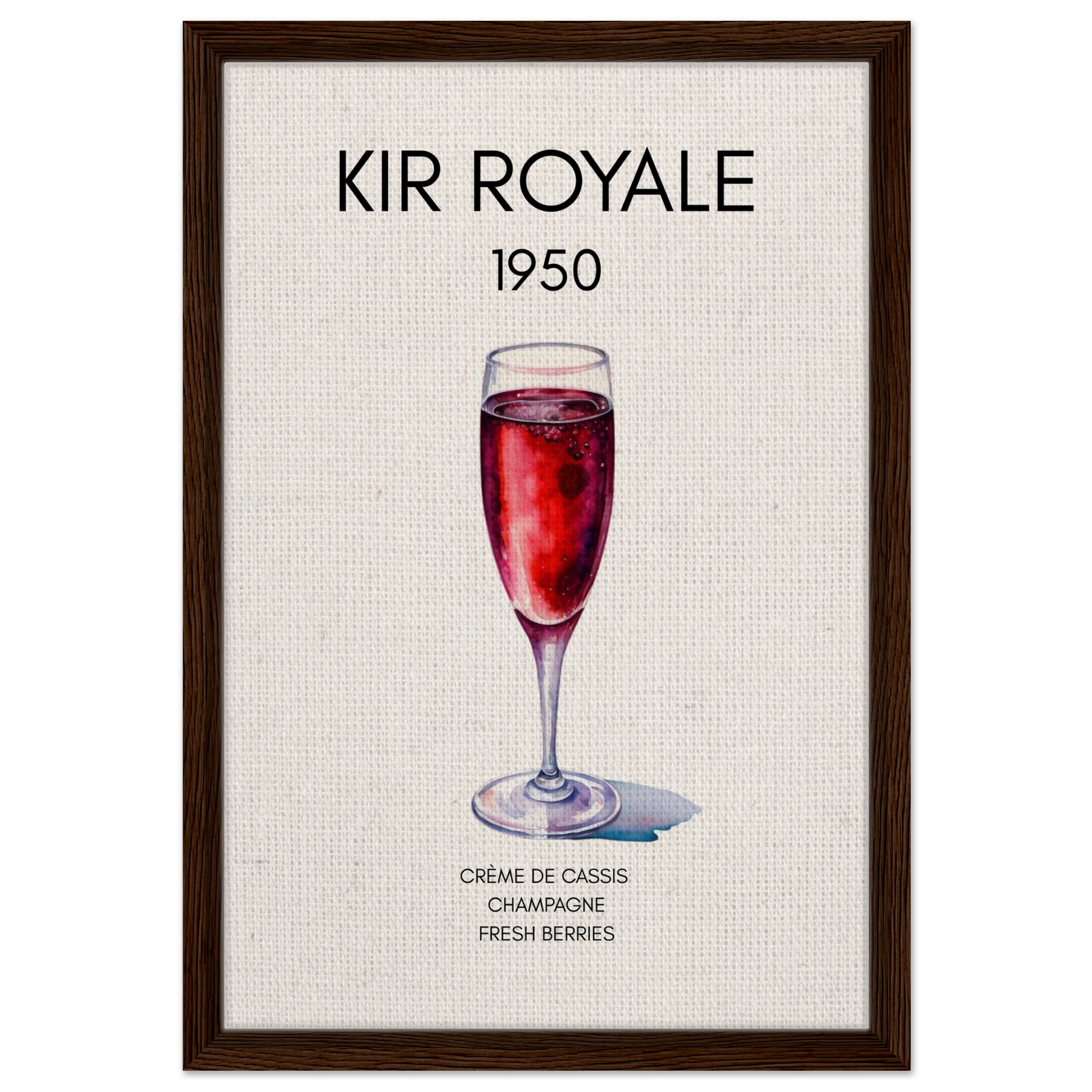 Kir Royale Champagne Cocktail Bar Art Print Dark Brown Wood Frame 40x60 cm 16x24″ Framed Canvas