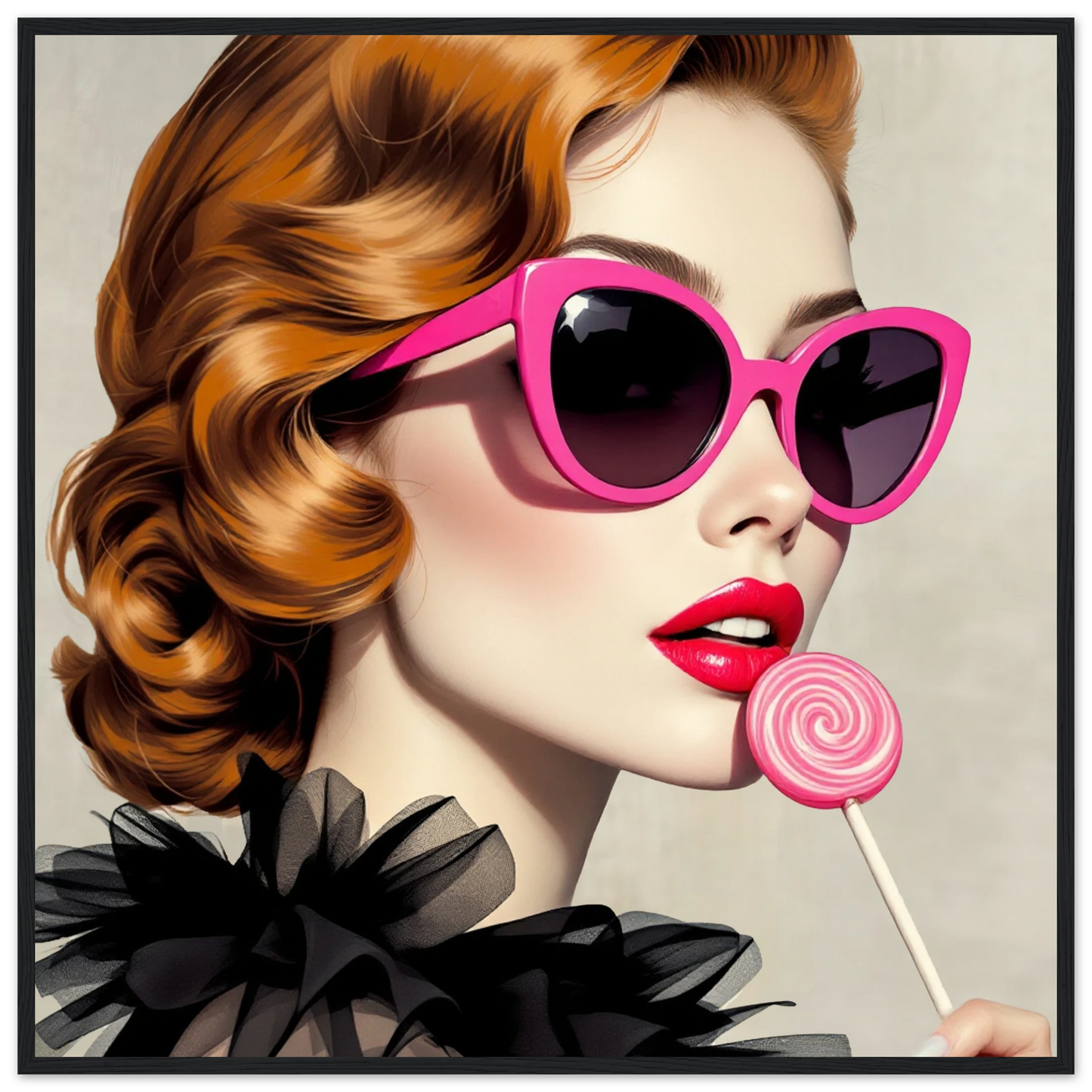 Retro Glam Fashion Model Lollipop Art Print Classic Matte Paper Wooden Framed Poster 70x70 cm 28x28″