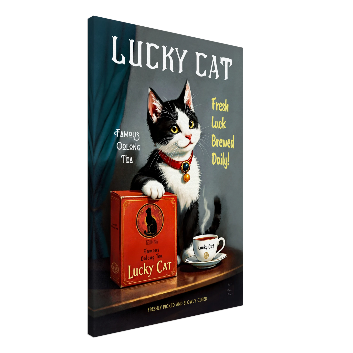 Lucky Tuxedo Cat Tea Kitchen Art Print 60x90 cm 24x36″ Gallery Wrapped Canvas No Frame