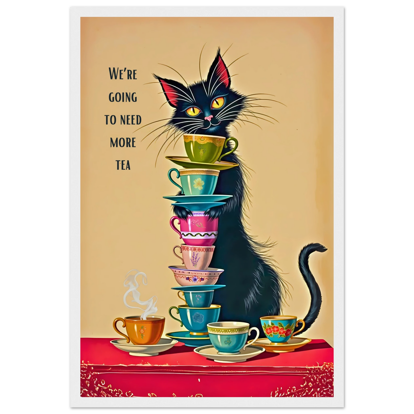 Quirky Cat Funny Tea Art Print 30x45 cm 12x18″ Classic Matte Paper Wooden Framed Poster White Wood Frame
