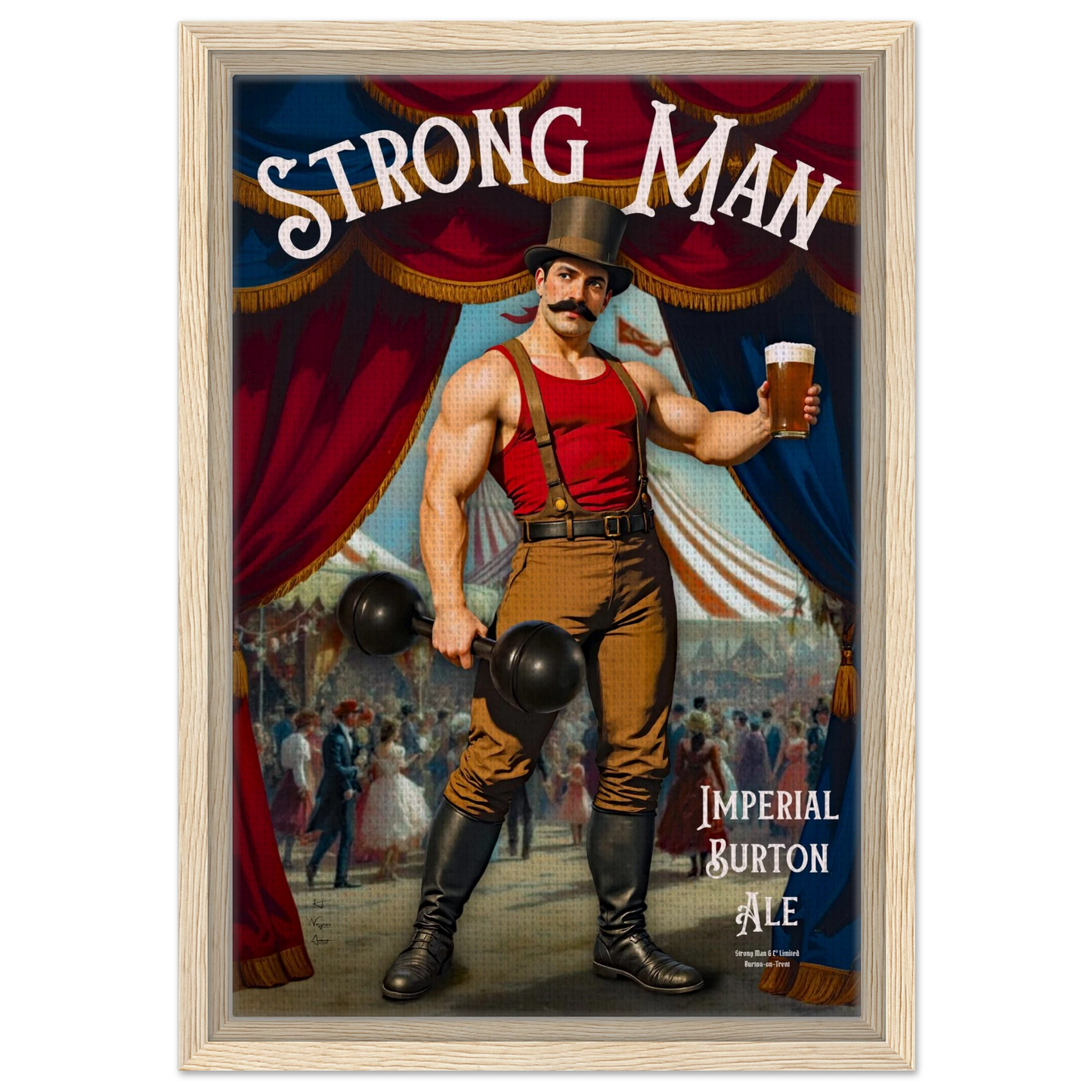 Vintage Victorian Circus Strongman Ale Art Print Light Wood Frame 30x45 cm 12x18″ Framed Canvas