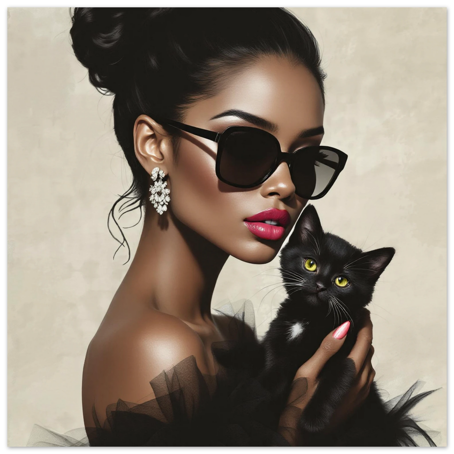 Retro Glam Fashion Model Kitten Art Print Museum-Quality Matte Paper Poster 45x45 cm 18x18″