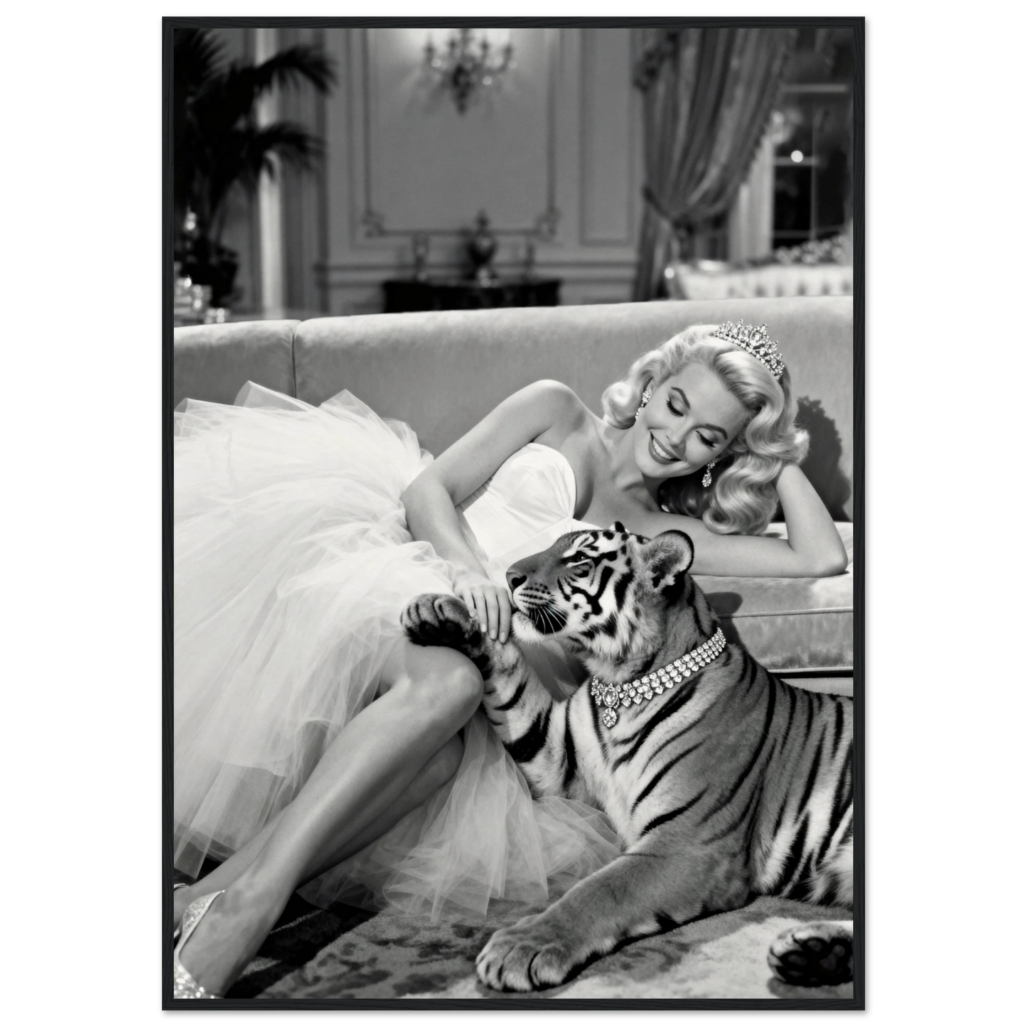 Vintage Hollywood Starlet Tiger Art Print 70x100 cm 28x40″ Museum-Quality Matte Framed Poster - Black Wood