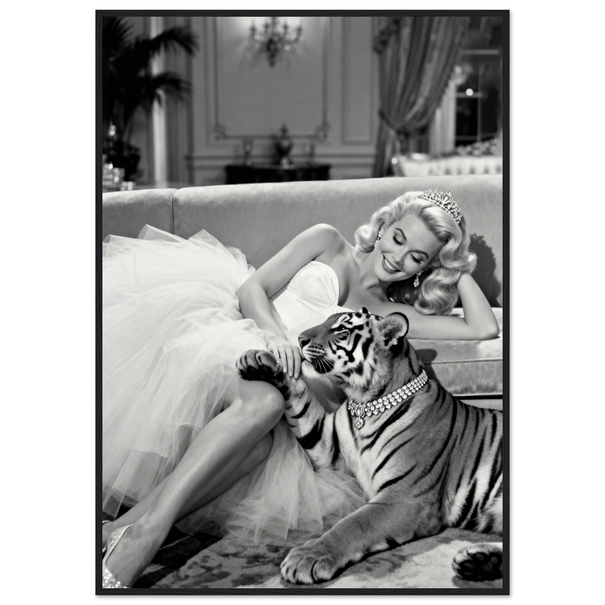 Vintage Hollywood Starlet Tiger Art Print 70x100 cm 28x40″ Museum-Quality Matte Framed Poster - Black Wood