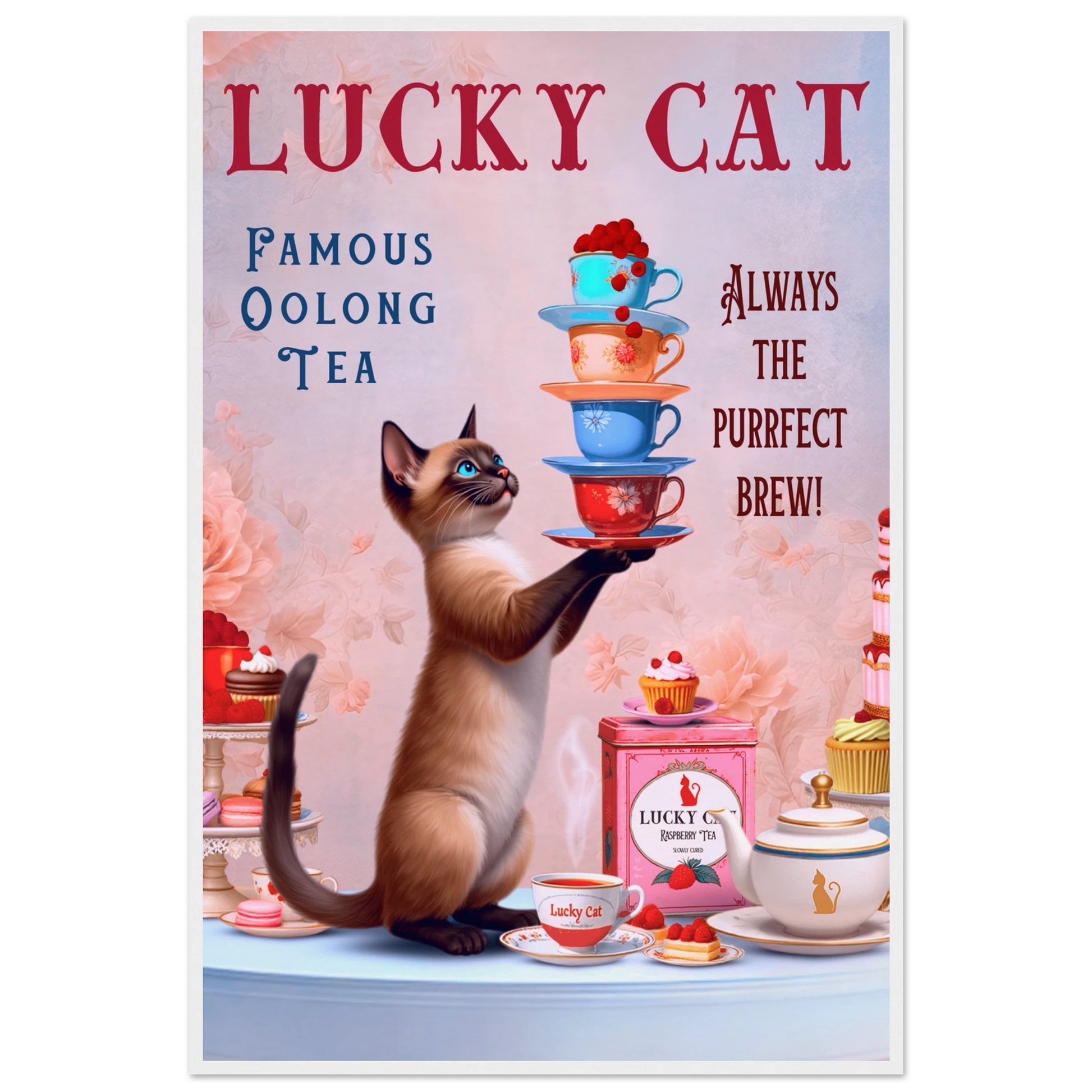 Siamese Lucky Cat Vintage Tea Art Print 60x90 cm 24x36″ Museum-Quality Matte Paper Wooden Framed Poster White Wood Frame