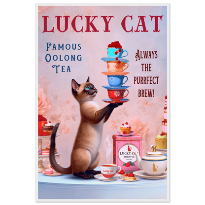 Siamese Lucky Cat Vintage Tea Art Print 60x90 cm 24x36″ Museum-Quality Matte Paper Wooden Framed Poster White Wood Frame
