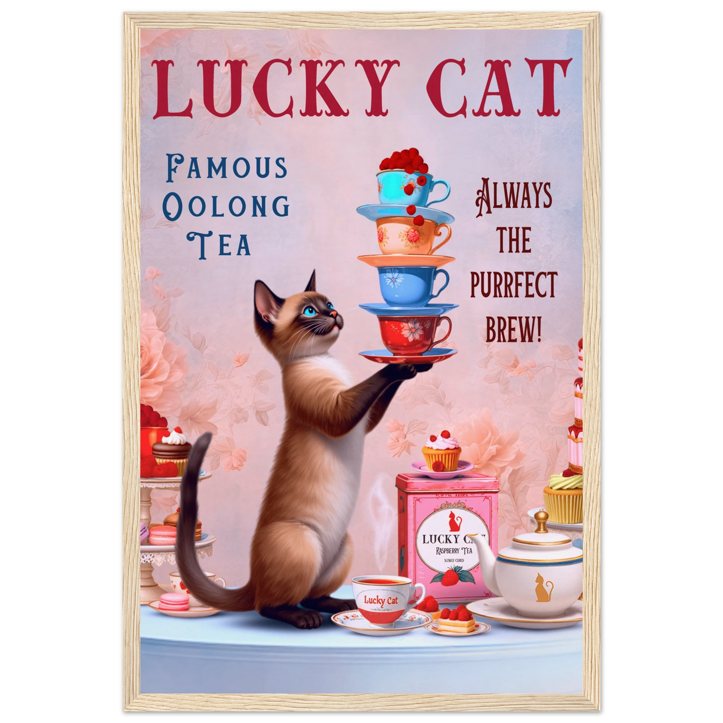 Siamese Lucky Cat Vintage Tea Art Print 30x45 cm 12x18″ Museum-Quality Matte Paper Wooden Framed Poster Light Wood Frame